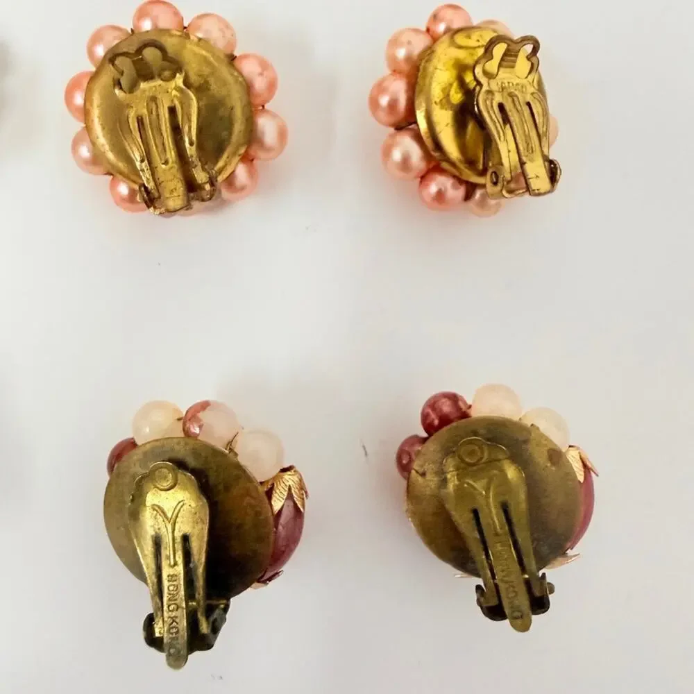 Lot of 15 Hong Kong Japan Cluster Flower Faux Pearl Shell Bead Clip On Earrings
